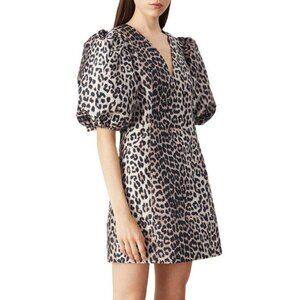 NWT GANNI Puff Sleeve Leopard Jacquard Mini Dress Animal Print UK 32 / US 0 XXS